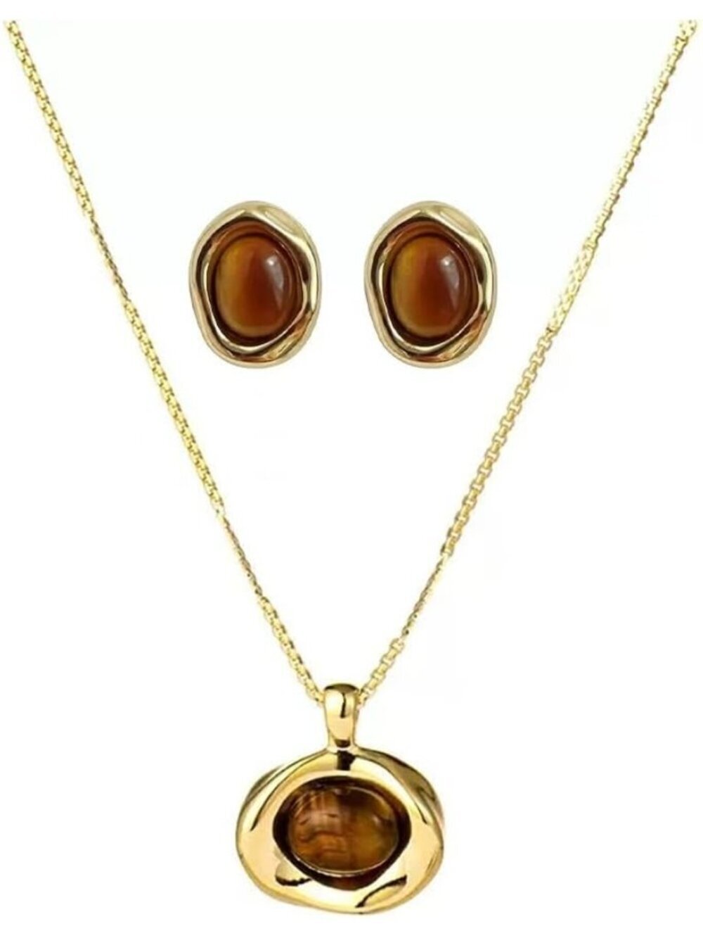 Women's brown Chunky Gemstone Pendent Tigers Eye Stone Necklace Earrings Set